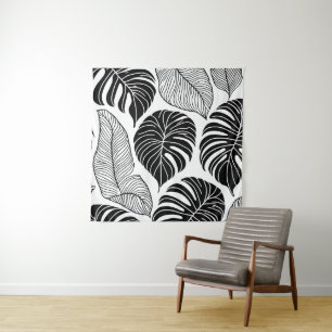Modern black and white tropical leaves tapestry