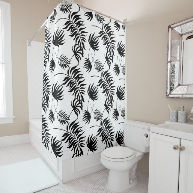 Modern Black and White Tropical Palm Leaves Shower Curtain (In Situ)