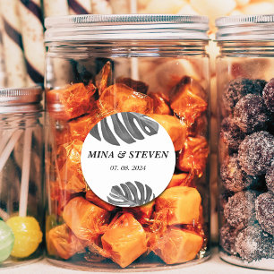 modern black and white tropical wedding classic round sticker