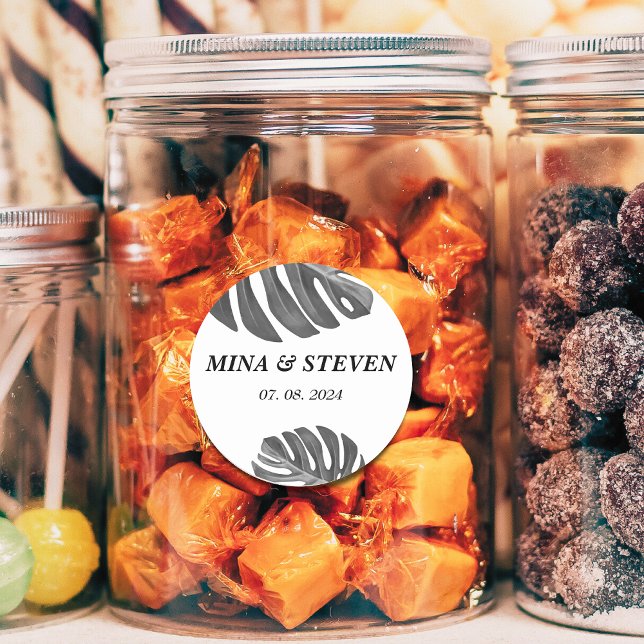 modern black and white tropical wedding classic round sticker (Creator Uploaded)