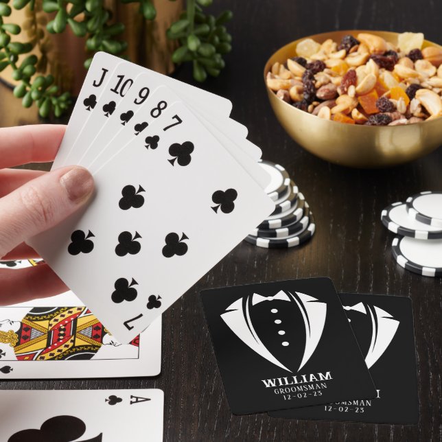 Modern Black and White Tuxedo Groomsman Gift Playing Cards (In Situ)