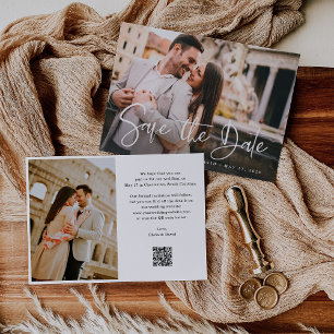 Modern Black and White   Two Photo and QR Code Save The Date