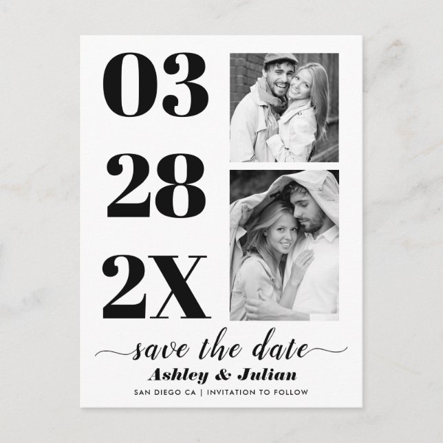Modern black and white two photo Save the Date Postcard (Front)