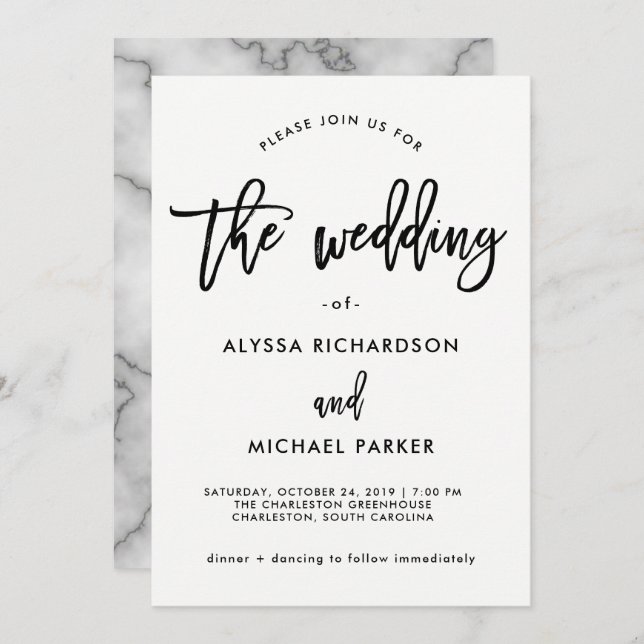 Modern Black and White Typography | Marble Wedding Invitation (Front/Back)