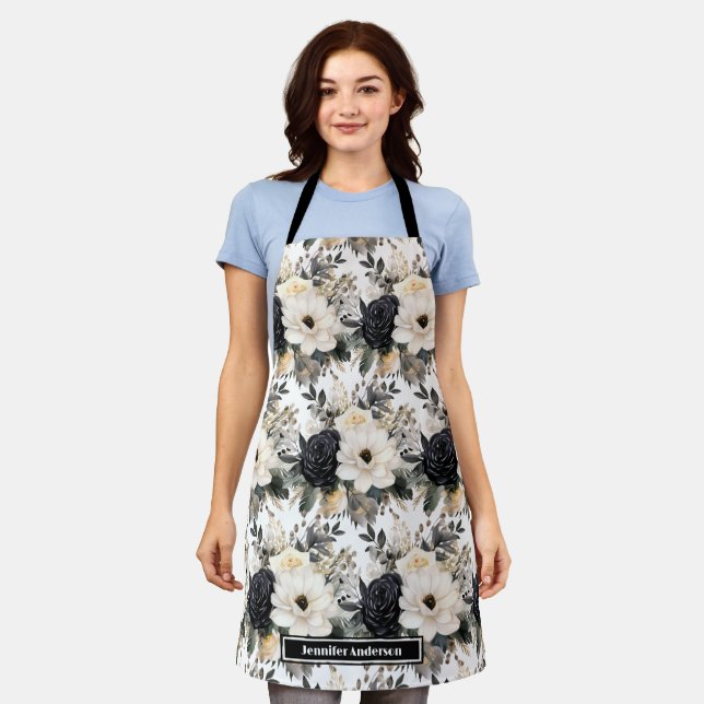 Modern Black and White Watercolor Floral Apron (Worn)