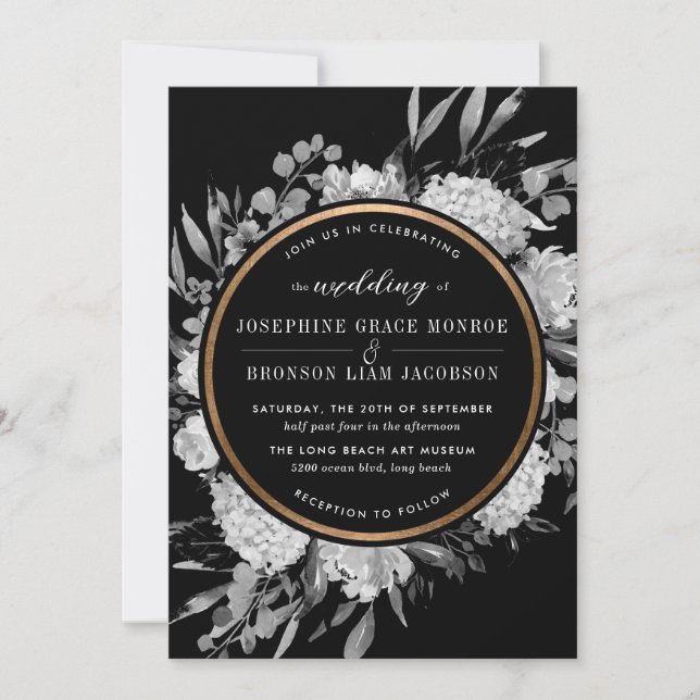 Modern Black and White Watercolor Floral Frame Invitation (Front)