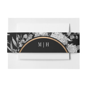 Modern Black and White Watercolor Floral Monogram Invitation Belly Band