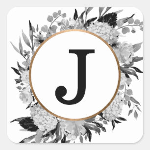 Modern Black and White Watercolor Floral Monogram Square Sticker