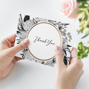 Modern Black and White Watercolor Floral Thank You Card