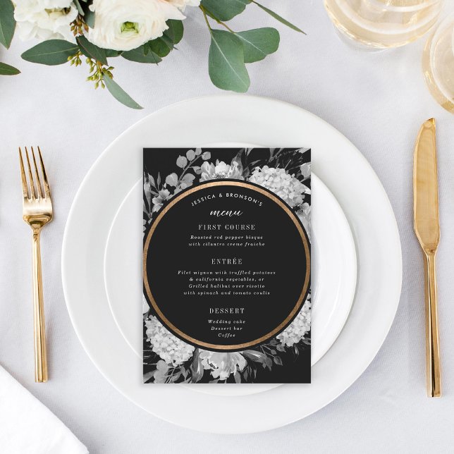 Modern Black and White Watercolor Floral Wedding Menu (Creator Uploaded)