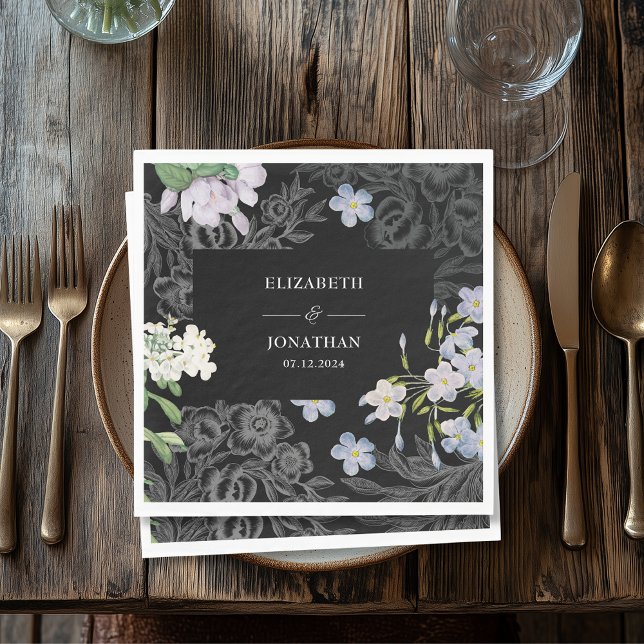 Modern Black and white watercolor floral wedding Napkin (Creator Uploaded)