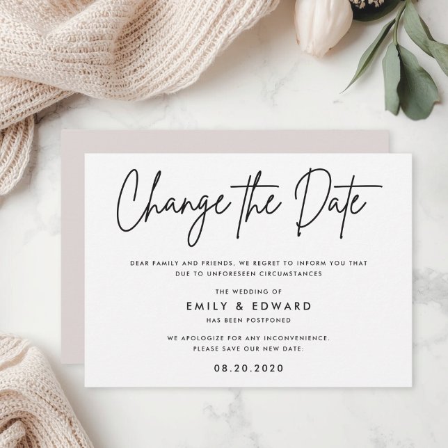 Modern Black and White Wedding Change the Date Invitation (Creator Uploaded)