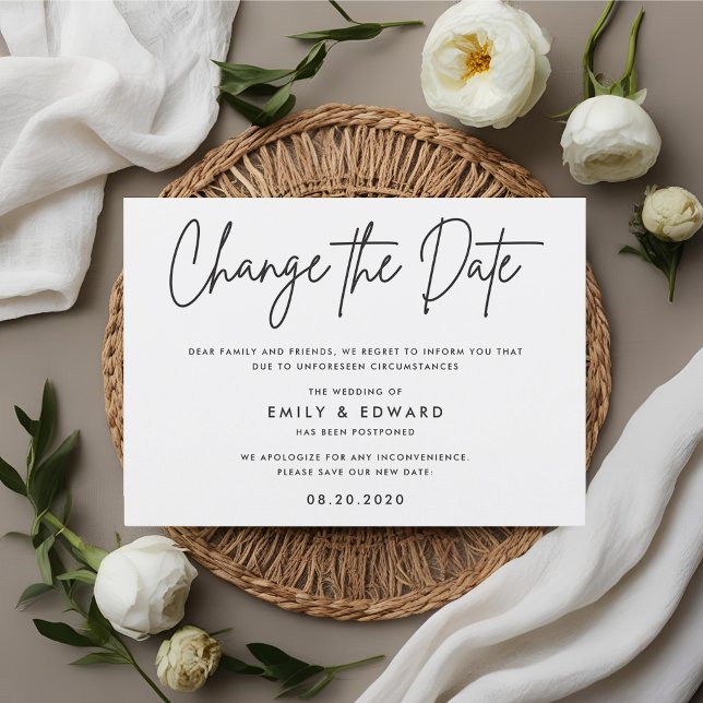 Modern Black and White Wedding Change the Date Invitation (Creator Uploaded)