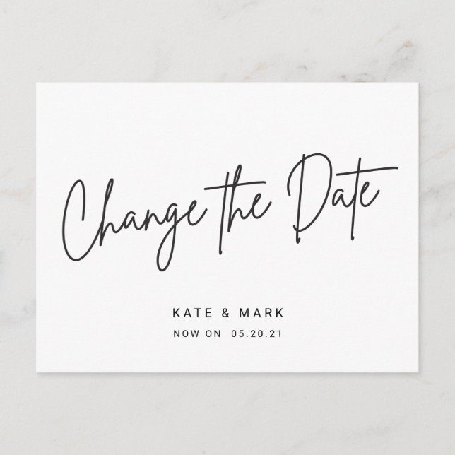 Modern Black and White Wedding Change the Date Postcard (Front)