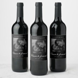 Modern Black and White Wedding Photo Wine Label