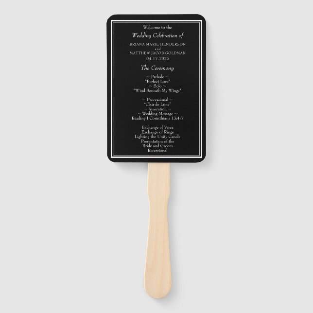Modern Black and White Wedding Program Hand Fan (Front)