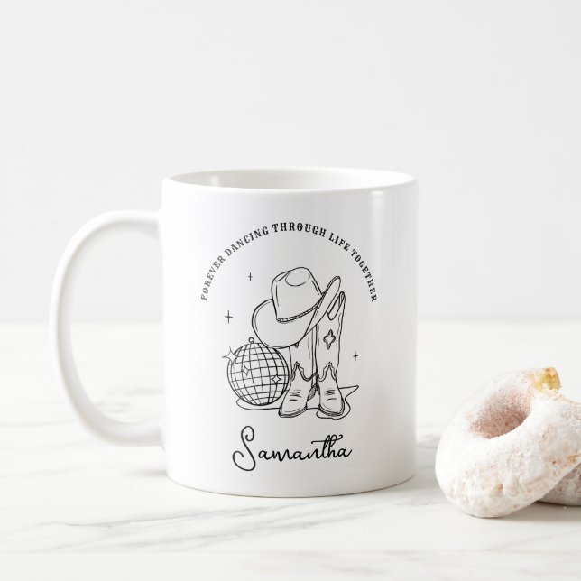 Modern Black and White Western Disco Cowgirl Bff Coffee Mug (With Donut)