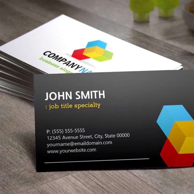 Modern Black and White with Colourful 3D Cube Logo Business Card (Creator Uploaded)