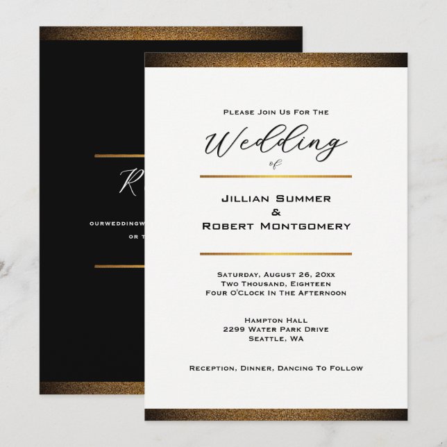 Modern Black and White With Gold Wedding Invitation (Front/Back)