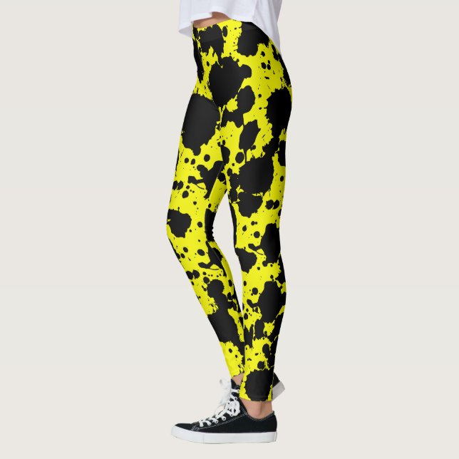 Modern Black and Yellow Paint Splatter Funny Leggings (Left)