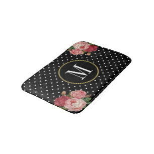 Modern Black Antique Floral Polka Dots Monogram Bath Mat