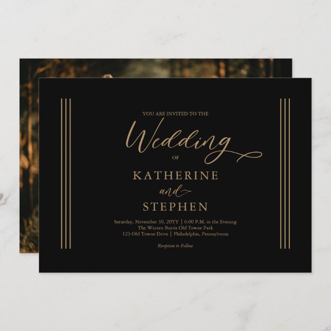 Modern Black } Antique Gold Minimalist Wedding Invitation (Front/Back)
