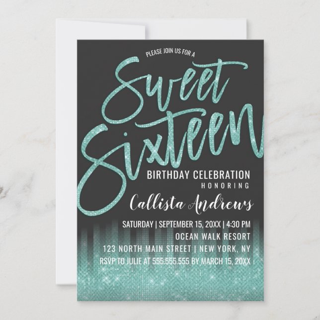 Modern Black Aqua Glitter Typography Sweet 16 Invitation (Front)