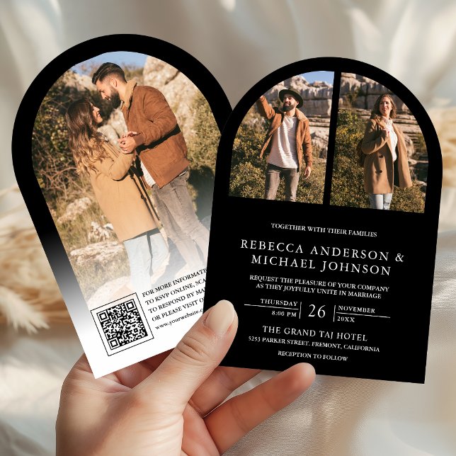 Modern Black Arch Photo QR Code Wedding Invitation (Creator Uploaded)