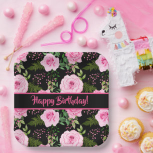 Modern Black Beautiful Pink Roses Happy Birthday Paper Plate