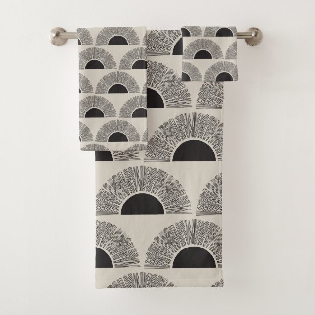 Modern Black & Beige Sunset Abstract Art Pattern Bath Towel Set (Insitu)