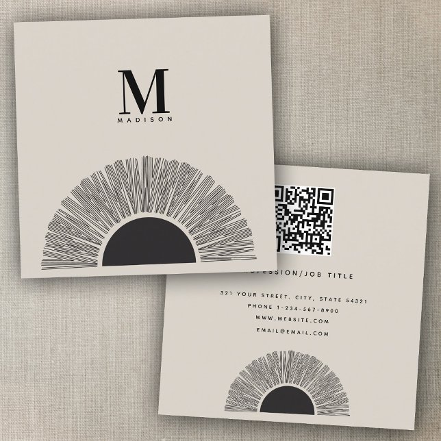 Modern Black & Beige Sunset Abstract Art QR Code Square Business Card (Modern Black & Beige Sunset Abstract Art QR Code Square Business Card)