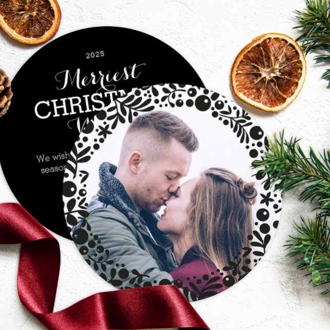 Modern Black Berries Photo Frame Holiday Ornament Card (Creator Uploaded)