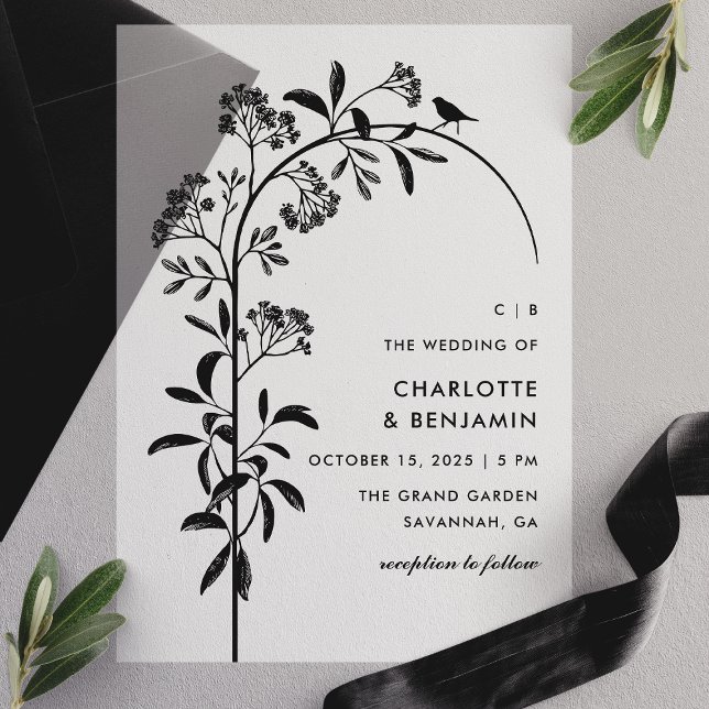 Modern Black Bird Botanical Arch Wedding Vellum Invitations (Creator Uploaded)