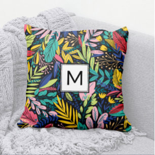 Modern Black Block Monogram Colourful Leaves Art Cushion