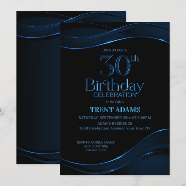 Modern Black Blue 30th Birthday Party Invitation (Front/Back)