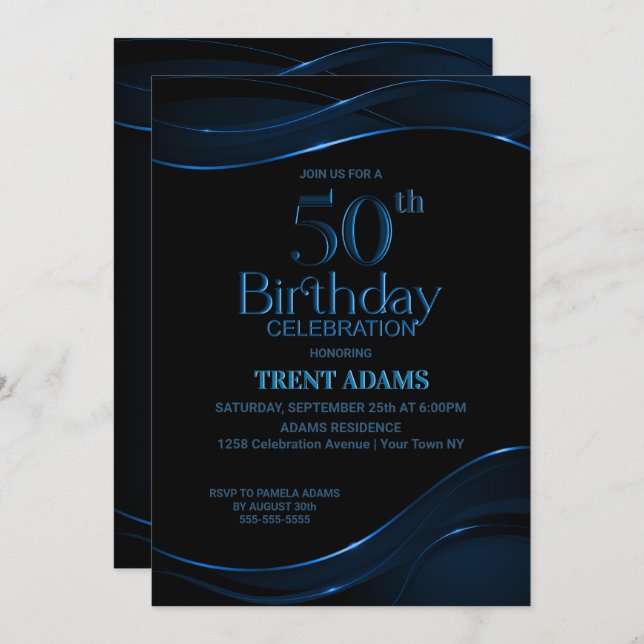 Modern Black Blue 50th Birthday Party Invitation (Front/Back)