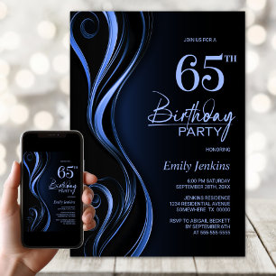 Modern Black Blue 65th Birthday Party Invitation