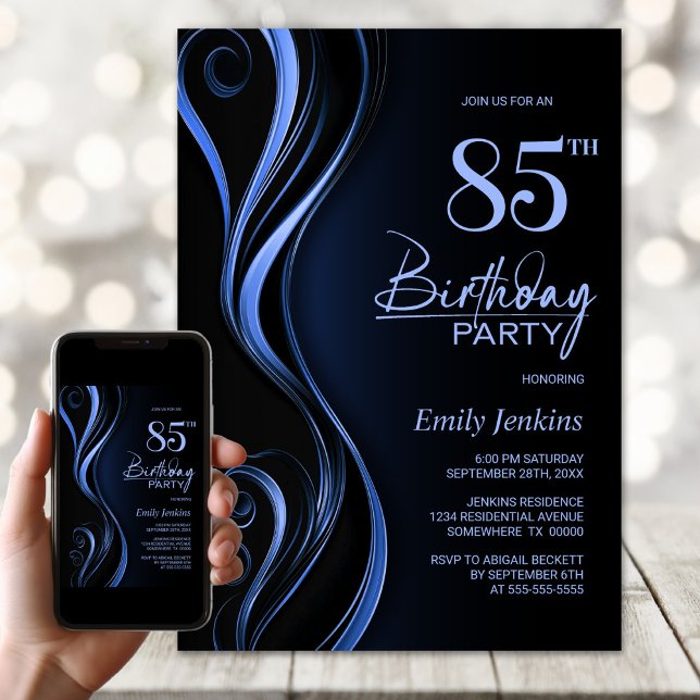 Modern Black Blue 85th Birthday Party Invitation (Creator Uploaded)