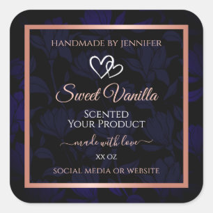 Modern Black Blue Floral Product Labels Rose Gold