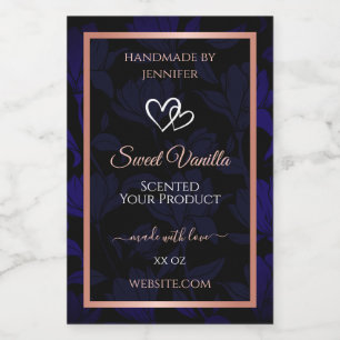 Modern Black Blue Floral Product Labels Rose Gold