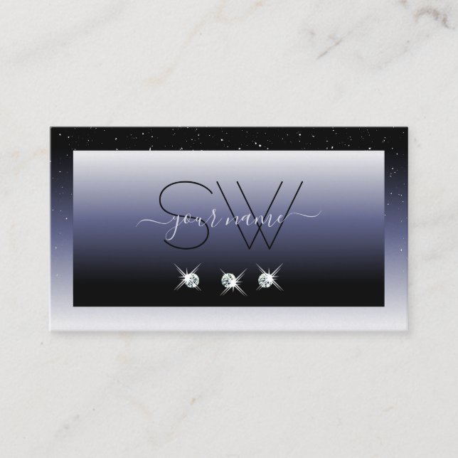 Modern Black Blue Gradient Sparkle Jewels Initials Business Card (Front)