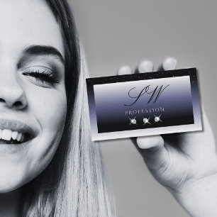 Modern Black Blue Gradient Sparkle Jewels Monogram Business Card