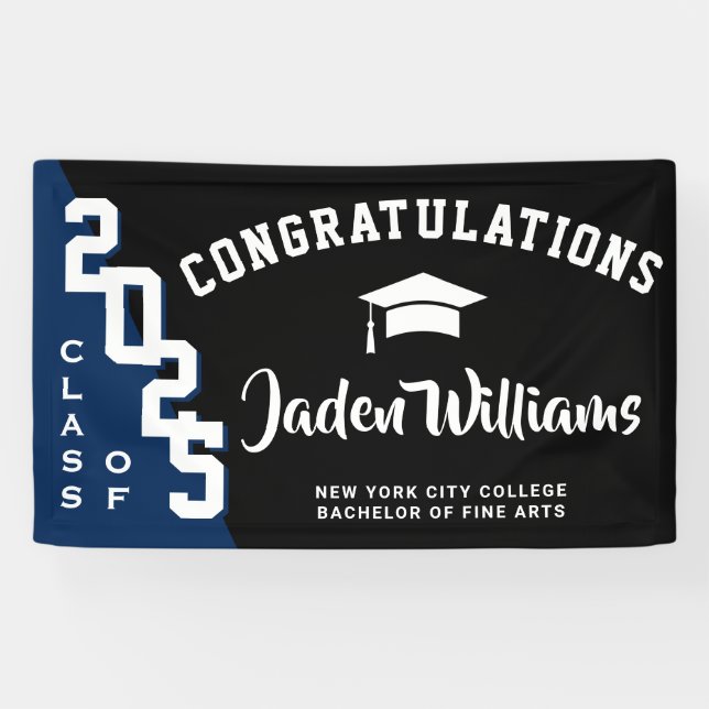 Modern Black Blue Graduation Class of 2025 Party Banner (Horizontal)