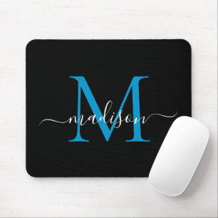 Modern Black Blue Monogram Elegant Girly Script Mouse Pad