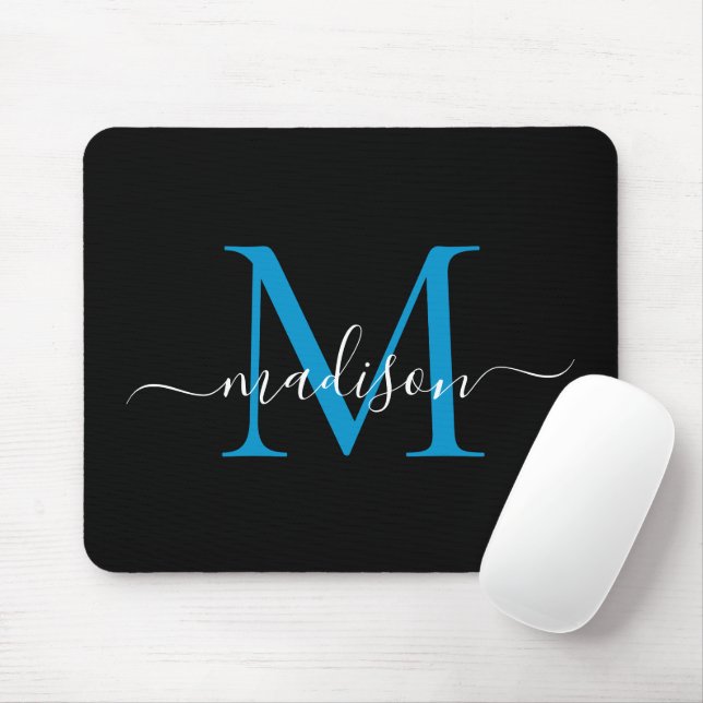 Modern Black Blue Monogram Elegant Girly Script Mouse Pad (With Mouse)