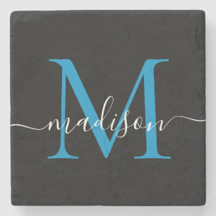 Modern Black Blue Monogram Feminine Script Name Stone Coaster