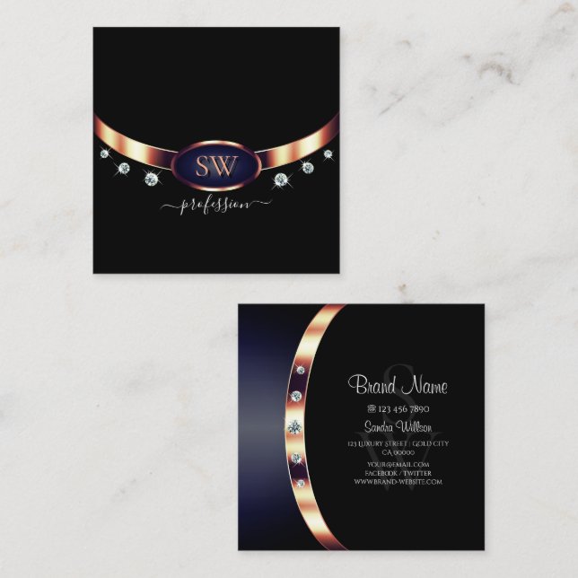 Modern Black Blue Rose Gold with Monogram Diamonds Square Business Card (Front/Back)