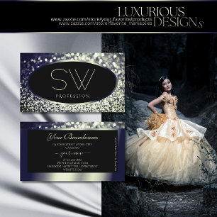 Modern Black Blue Silver Sparkle Glitter Monogram  Business Card