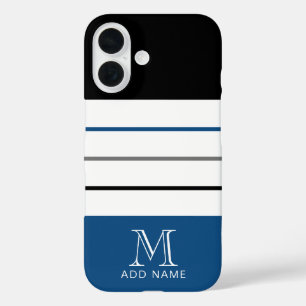 Modern Black Blue Stripes with Monogram Name iPhone 16 Case