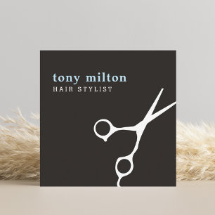 Modern Black Blue White Scissors Hair Stylist Square Business Card